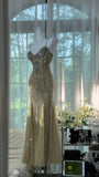 Unique Mermaid Spaghetti Straps Champagne Tulle For Teens Long Evening Dresses Prom Dress HZ0311