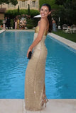 Pretty Mermaid Strapless Long Yellow Sequin Satin Party Dresses Prom Dresses Graduation Gown HZ0311