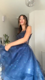 Unique Ball Gown Spaghetti Straps Navy Blue Tulle Lace Prom Dresses Party Dress 21st Birthday Outfits Graduation Dress HZ0311
