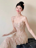 Glittery A line Spaghetti Strap With Tassels Beads Sleeveless Pink Prom Dresses Inspiration Long Night Outfits 18th Birthday Outfits HZ0311