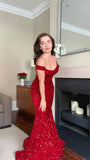 Classy Mermaid Off The Shoulder Red Sequins Long Inspo For Women Girls Formal Party Gowns Prom Dresses HZ0311