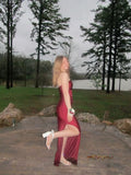 Unique Sheath Strapless Burgundy Slit Prom Dresses Long Party Dress 22th Birthday Outfits Graduation Dress HZ0311