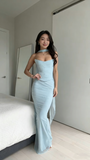 Simple Mermaid Strapless Light Sky Blue With Scarf Long Prom Dresses Inspiration Evening Gowns For Women Formal Party Dress HZ0311