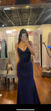 Elegant Dark Blue Mermaid Spaghetti Straps Prom Dress Navy Blue Evening Gown HZ0311