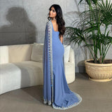 Vintage Dusty Blue Mermaid Evening Dress Applique Beaded Prom Dress Unique Cape Design Long Party Dress Birthday Outfits HZ0311