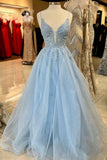 Retro A Line Spaghetti Straps Light Sky Blue Lace Tulle Prom Dress Fashion Aesthetic For Teens Formal Dresses Party Outfits Prom Gown HZ0311