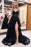Off The Shoulder Layered Navy Blue Lace Long Prom Dress with Split Vestidos De Dia HZ0311