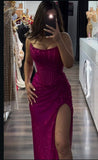 Modest Mermaid Strapless Fuchsia Sequin With Slit For Women Party Dress Long Formal Prom Dresses 22th Birthday Outfits HZ0311