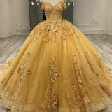 Charming Ball Gown Off The Shoulder Gold Tulle Long Quinceanera Dress Sweet 15 16 Dresses HZ0311