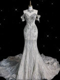 Timeless Women's Off The Shoulder Wedding Dress Mermaid With Sleeves Lace for Bride Beads Brides Dress HZ0311
