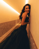 Shinning Mermaid Strapless Black Tulle Sequin Long Prom Dress Fashion Aesthetic For Senior Teens Formal Dresses Party Outfits Prom Gown HZ0311