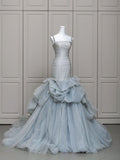 Modest Mermaid Straps Light Sky Blue Tulle With Pleated For Women Party Dress Long Formal Prom Dresses 22th Birthday Outfits HZ0311
