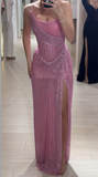 Elegant Pink Strapless Mermaid Split Long Party Dress Evening Gown, HZ0427