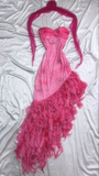 Hot Pink Spaghetti Straps A-Line Ruffles Beaded Vintage Long Party Dresses, HZ0427