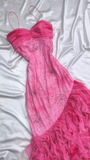 Hot Pink Spaghetti Straps A-Line Ruffles Beaded Vintage Long Party Dresses, HZ0427