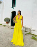 Modest A Line V neck Chiffon Yellow Prom Dresses Inspo Simple Long Prom Gowns With Scarf HZ0311