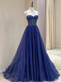 Modest A line Spaghetti Straps Navy Blue Tulle With Silver Beads Prom Dresses Long Party Dress Evening Dresses HZ0311
