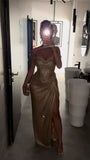 Modest Mermaid Off The Shoulder Champagne Long Formal Gown With Slit Prom Dresses Evening Gowns HZ0311