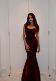 Classy Mermaid Spaghetti Straps Burgundy Velvet Inspo For Women Girls Formal Party Gowns Long Prom Dresses HZ0311