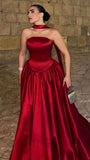 Unique A Line Strapless Satin Burgundy Long Prom Dresses Formal Gown Inspo Evening Outfits HZ0311