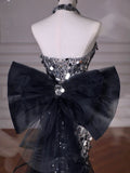 Black Glitter Sequins Tulle Mermaid Prom Dress Strapless Evening Dress With Bow For Teenagers High Schools HZ0311