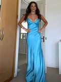 Blue Mermaid V-neck Beaded Back Tie Long Prom Dress Party Dresses For Women HZ0311