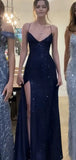 Modest Mermaid V Neckline Marine Ball Dresses Long Formal Gowns Navy Blue Sequin Slit Prom Dresses Evening Gowns HZ0311