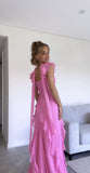 Beautiful Pink V Neck Chiffon Ruffle Mermaid Long Prom Dress Party Gown With Ribbon Wedding Guest Gown HZ0311