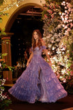 Elegant A line Off The Shoulder Lilac Sequins With Slit Prom Dresses With Ruffles Party Dress Evening Dresses HZ0311
