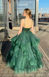 Modest Ball Gown Spaghetti Straps Green Tulle Long Prom Dress Evening Formal Gowns HZ0311