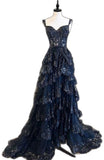 Sparkly Sleeveless Spaghetti Straps Sequins Ball Gown Navy Blue Prom Dresses HZ0311