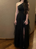 Chic A Line One Shoulder Black With Pleated Chiffon Slit Long Party Women Prom Dresses HZ0311