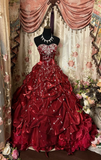 Wine Red Strapless Beading A-Line Retro Long Party Dress Evening Ball Gown, HZ0427