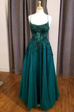 Retro A Line Spaghetti Straps Dark Green Lace Tulle Prom Dress Fashion Aesthetic For Teens Formal Dresses Party Outfits Prom Gown HZ0311