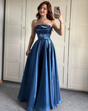 Women's Cocktail Party Gowns A Line Strapless Blue Satin With Pleated Long Graduation Dinner Outfits Prom Dresses HZ0311