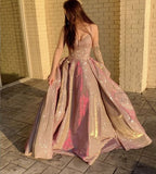 Shiny A line Spaghetti Straps Pink Sequin Long Prom Dress Fashion Aesthetic For Senior Teens Formal Dresses Party Outfits Prom Gown HZ0311