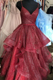 Ball Gown Spaghetti Straps Ruffled Long Prom Dress Burgundy Prom Dresses Birthday Gowns HZ0311