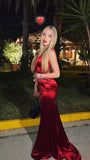Unique Mermaid Spaghetti Straps Satin Burgundy Long Prom Dresses Formal Gown Inspo Evening Outfits HZ0311