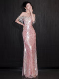Glittery Mermaid Off The Shoulder Pink Sequins Short Sleeves Prom Dresses Inspiration Long Night Outfits Birthday Outfit HZ0311