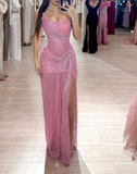 Elegant Pink Strapless Mermaid Split Long Party Dress Evening Gown, HZ0427