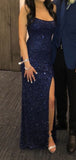 Elegant Mermaid Navy Blue Sequins Spaghetti Straps Long Evening Prom Dresses HZ0311