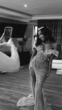 Glittery Mermaid Off The Shoulder Prom Dresses For Black People Girls Silver Sequin Beaded Crystals Long Formal Slit Evening Party Gown HZ0311