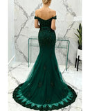 Green Mermaid Lace Beaded Off-Shoulder Formal Prom Dresses Long Party Dress HZ0311