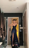 Modest Mermaid V Neckline Marine Ball Dresses Long Formal Gowns Navy Blue Sequin Slit Prom Dresses Evening Gowns HZ0311
