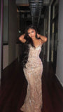 Sparkly Mermaid Spaghetti Strap Sequin Champagne Prom Dresses Long Evening Formal Gown Wedding Party Gowns HZ0311