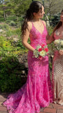 Cute Mermaid Spaghetti Strap Hot Pink Lace Long Prom Dresses Formal Gown Inspo Evening Outfits HZ0311
