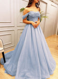Dream A line Off The Shoulder Blue Tulle Sequin Tops Prom Dress Inspo Women Long Formal Dance Evening Party Gowns HZ0311