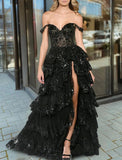 Sparkly Ball Gown Off The Shoulder With Lace Slit For High School Teens Girls Prom Dresses Sequin Long Formal Evening Party Gowns HZ0311