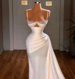 White Prom Dress Satin Mermaid Spaghetti Straps Sexy Women's Prom Gown Evening Dress HZ0311