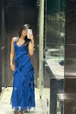 Unique Sheath Spaghetti Straps Chiffon Layers Long Prom Dresses Evening Dress HZ0311